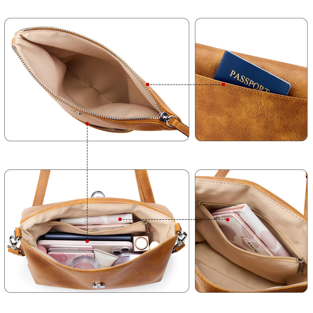 KALIDI Small Women's Shoulder Bags Vegan PU Leather Handbag Crossbody Shoulder Bag Anti-Theft Multiple Pockets with Adjustable Removable Shoulder Strap, Ginger, S