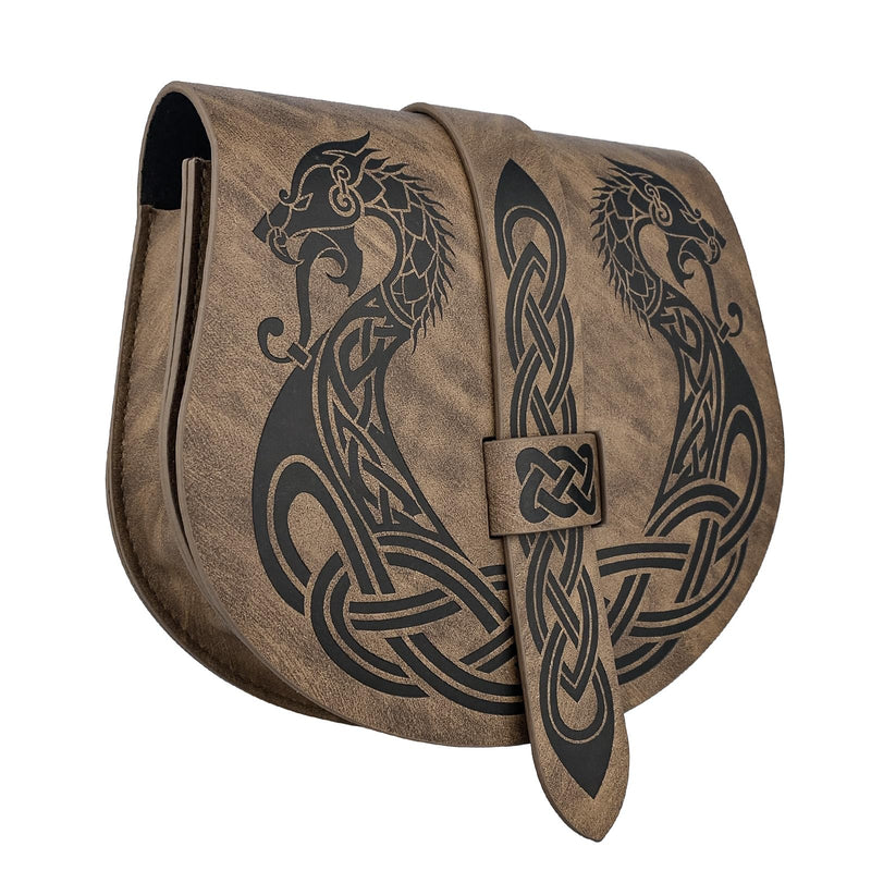 HiiFeuer Viking Embossed Langskip Belt Pouch, Medieval Faux Leather Flap Saddle Side Bag Purses, Retro Portable Belt Bag (Brown A)