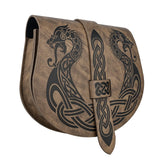 HiiFeuer Viking Embossed Langskip Belt Pouch, Medieval Faux Leather Flap Saddle Side Bag Purses, Retro Portable Belt Bag (Brown A)