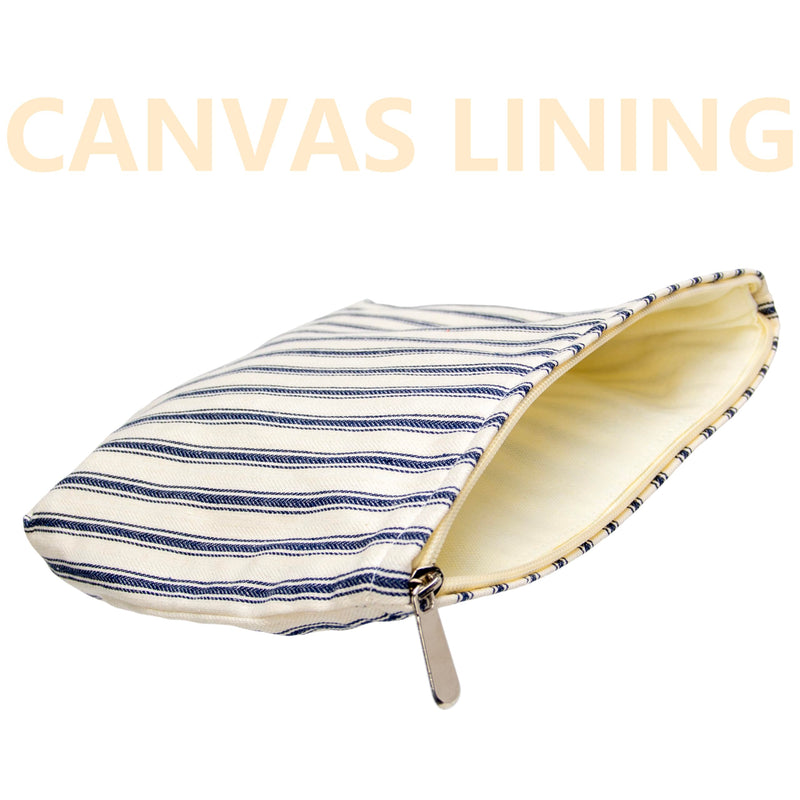 PAZIMIIK Makeup Bag Large Cotton Zipper Pouch for Purse Travel Canvas Make Up Organizer for Women Cosmetic,Vintage Stripe Navy Blue