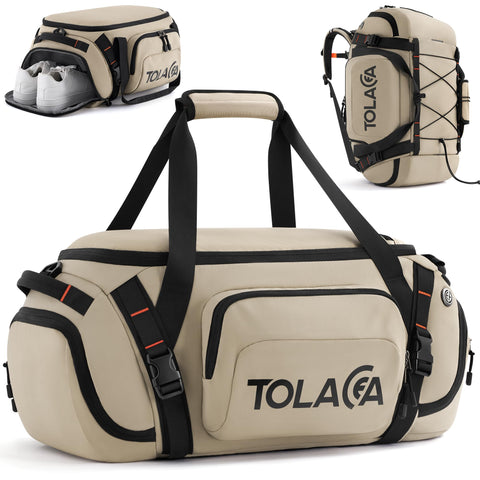 Tolaccea Gym Bag for Men & Women, 40L Duffle Bag Backpack for Travel Sports with Shoe Compartment, Wet Pocket & Extra Laptop Bag for 15.6'', 3-in-1 Sport Workout Duffel Carry On for Airplane (Khaki)