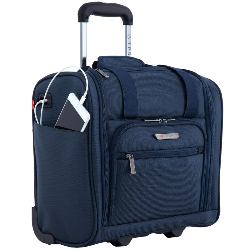TPRC 15" Smart Underseat Carry-On Luggage with USB Charging Port, Navy Blue