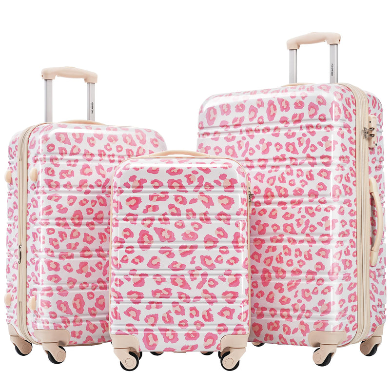 Merax Luggage Sets 3 Piece, Hardside Expandable Suitcase Set with Spinner Wheels, Lightweight Leopard Luggage 20+24+28 IN, Leopard Pink