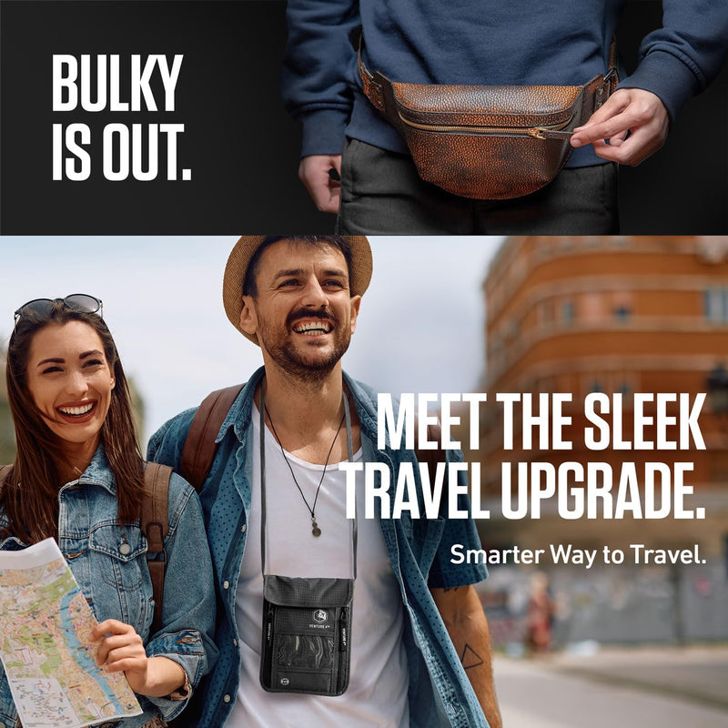 VENTURE 4TH Neck Wallet for Women & Men – RFID Blocking Passport Holder for Travel, Hidden Neck Pouch with 6 Compartments, Slim Lightweight Travel Organizer with Adjustable Strap (Gray)