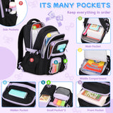 QIXIHU Girls Backpack, 17-Inch Bookbag for Middle & Elementary School, Kawaii Kids Backpack for Girls Ages 6-12(Black Purple)