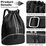 dulvus Sports Drawstring Gym Bag, Waterproof Drawstring Backpack with Side Mesh Pockets, Sport Bag with Shoes Compartment for Women Men - Black
