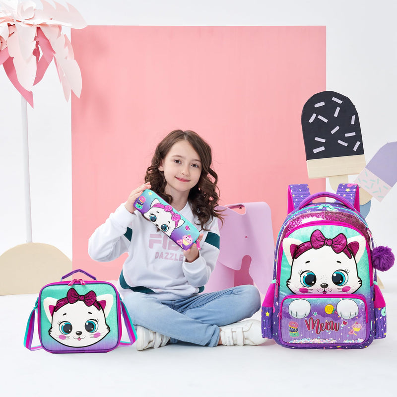Meetbelify Kids School Backpacks for Girls Cute Cat Backpack with Lunch Bag for Elmentary Students Kids Travel Bookbag for Girls Age 6-12 Purple