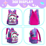 Meetbelify Kids School Backpacks for Girls Cute Cat Backpack with Lunch Bag for Elmentary Students Kids Travel Bookbag for Girls Age 6-12 Purple