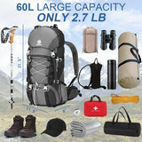 NEHOR 60L Hiking Backpack, Water Resistant Camping Backpack with Rain Cover, Large Lightweight Hiking Bag Outdoor Travel Daypack for Men Women, Black
