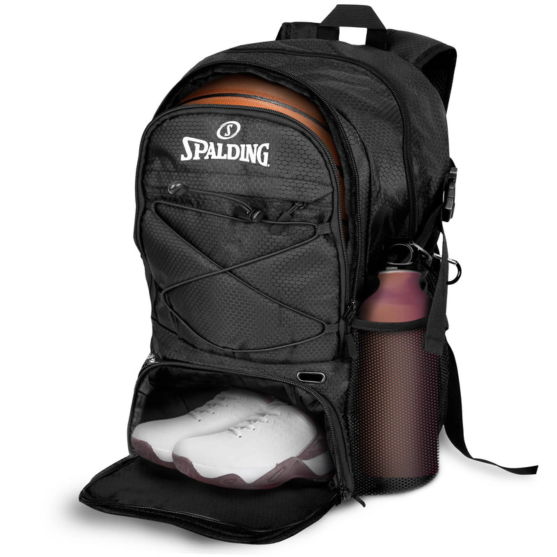 Spalding Basketball Backpack Sports Bag | Large Black Backpack with Shoe and Ball Compartment | Use for Sport Accessories and Stuff | Gifts for Basketball Players