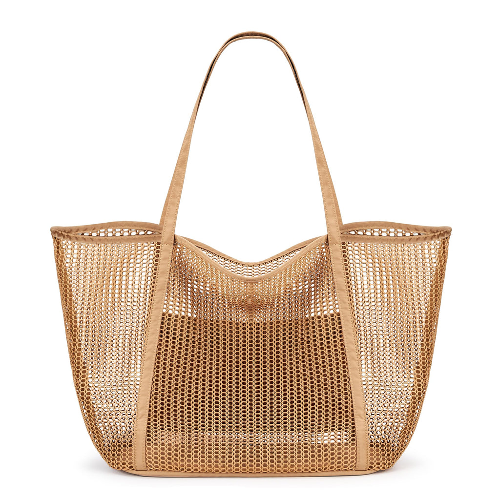 KALIDI Upgrade Version Beach Mesh Tote Bag MAX 27L Large capacity,Shoulder Bag Nylon Hobo Women Casual Foldable FOR Beach Picnic Grocery Bag Khaki