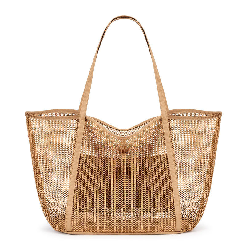 KALIDI Upgrade Version Beach Mesh Tote Bag MAX 27L Large capacity,Shoulder Bag Nylon Hobo Women Casual Foldable FOR Beach Picnic Grocery Bag Khaki
