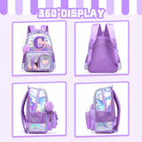 Meetbelify Backpack for Girls Backpacks with Lunch Box Pencil Case for Elementary Student Kids School Travel Bag for Girls Ages 6-8 Years Old Purple C