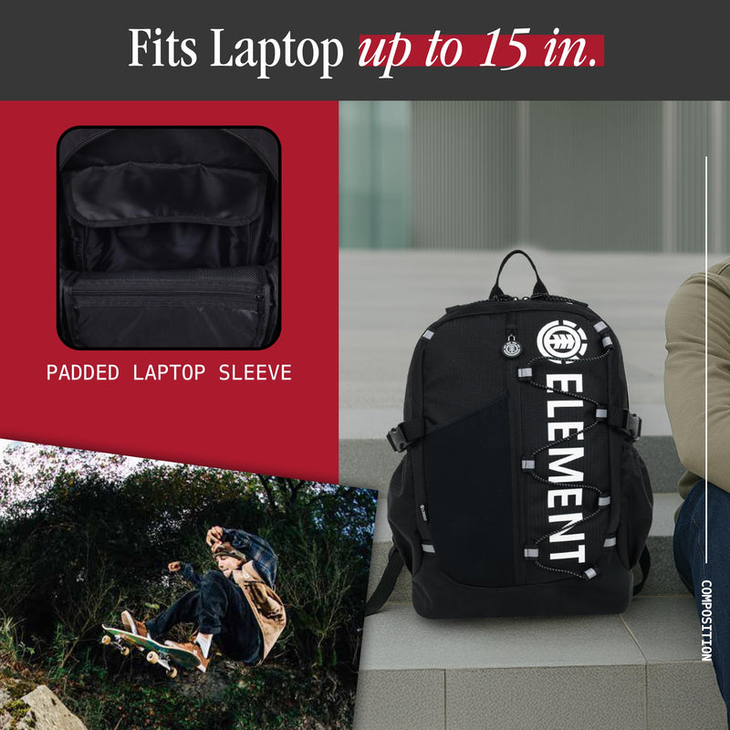 Concept One Element Backpack, Vertical Logo Skate Pack, Multi-Compartment Storage, Reflective Bungee Cord, Black