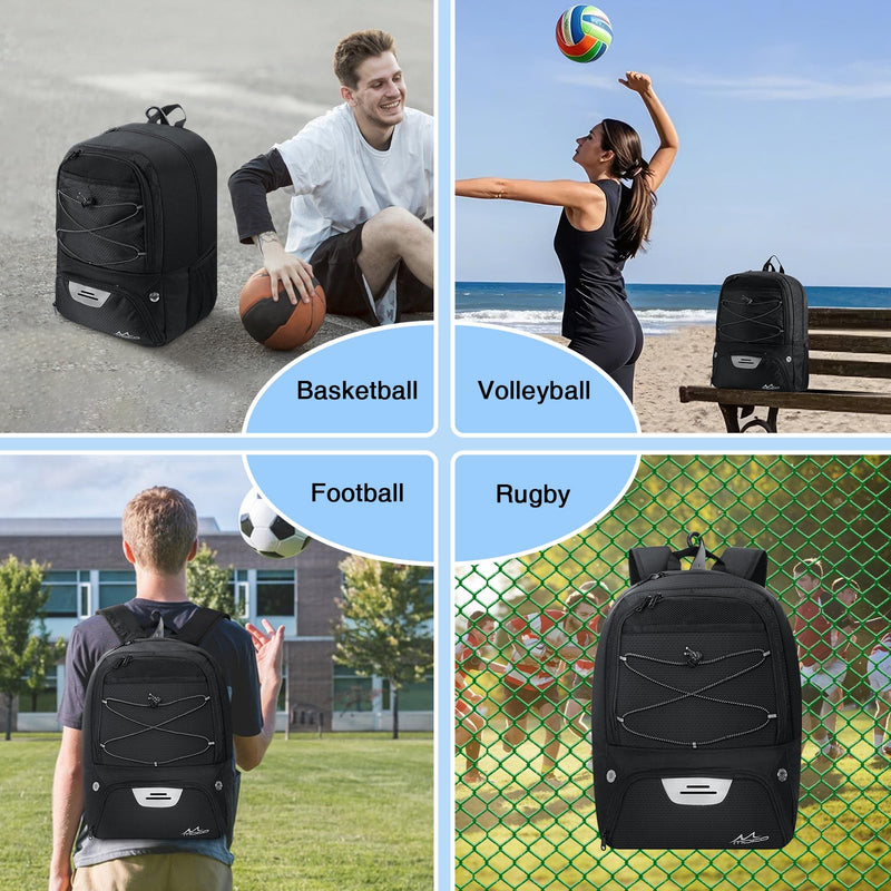 MoKo Basketball Bag Backpack, Volleyball Soccer Backpack for Men & Women with Separate Ball and Shoes Compartments, Water-Resistant, Fence Hook, Sports Bag for Clothes, Shoes, Tablets, Laptops, Black