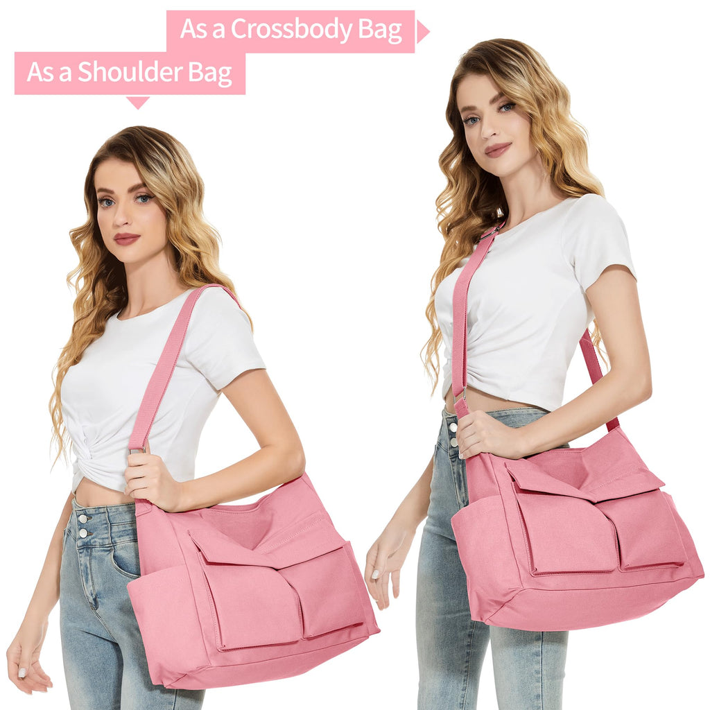 KALIDI FANCY FOREST Canvas Messenger Bag for Women Men, Large Crossbody Bag for College Work Travel Daily, Pink