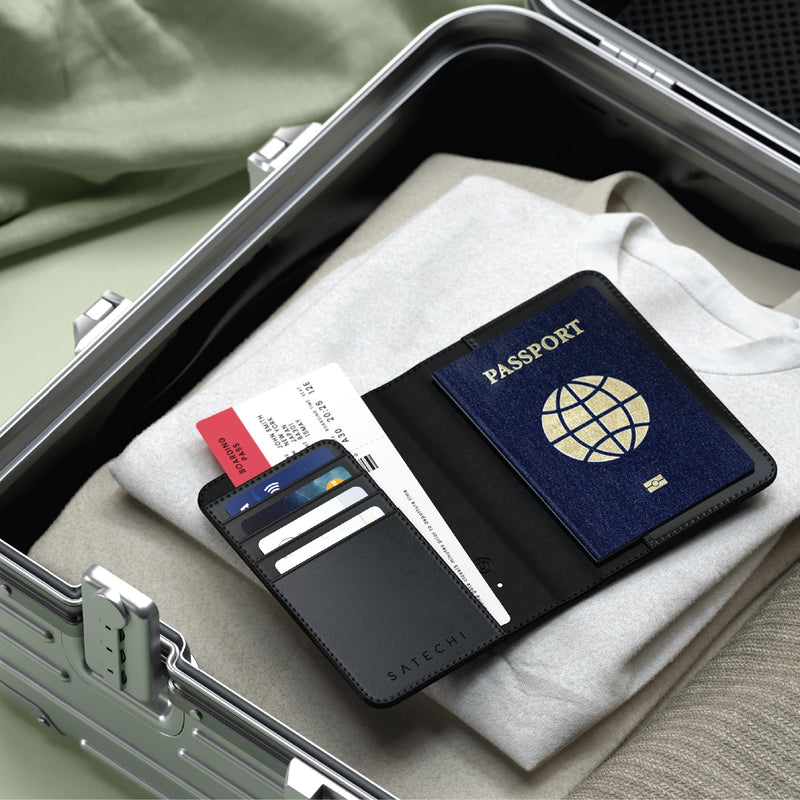 Satechi Passport Holder for Travel with Find My, Passport Cover with 4 Card Holder, Wireless Charging, and RFID protection – Travel Essential Vegan Leather Passport Holder – Black