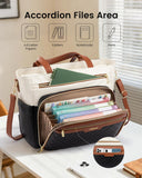 LOVEVOOK Teacher Tote Bag with Accordion File Pocket, Soft PU Leather Work Briefcase Quilted Laptop Bag with Large Cup Holder