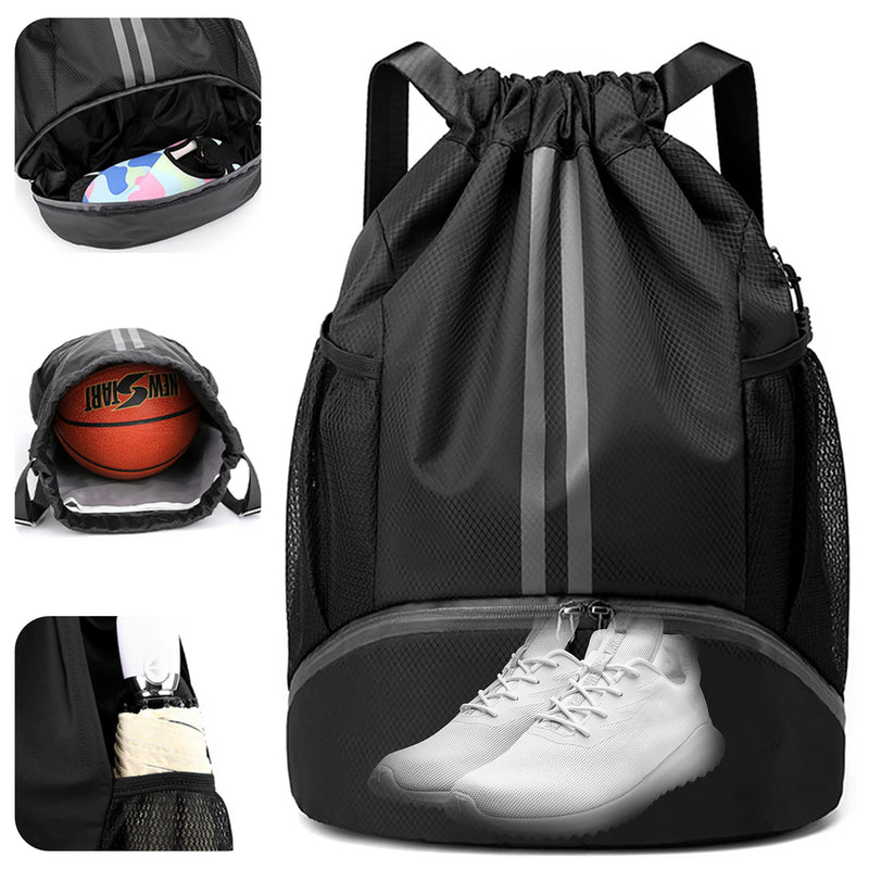 dulvus Sports Drawstring Gym Bag, Waterproof Drawstring Backpack with Side Mesh Pockets, Sport Bag with Shoes Compartment for Women Men - Black
