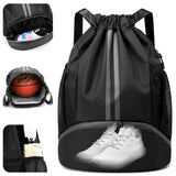 dulvus Sports Drawstring Gym Bag, Waterproof Drawstring Backpack with Side Mesh Pockets, Sport Bag with Shoes Compartment for Women Men - Black