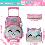 Meetbelify Cute Cat Rolling Backpack for Girls, Pink, 17"X11.8"X6.7", with Laptop Sleeve, Lunch Box, Pencil Case, and Pendant