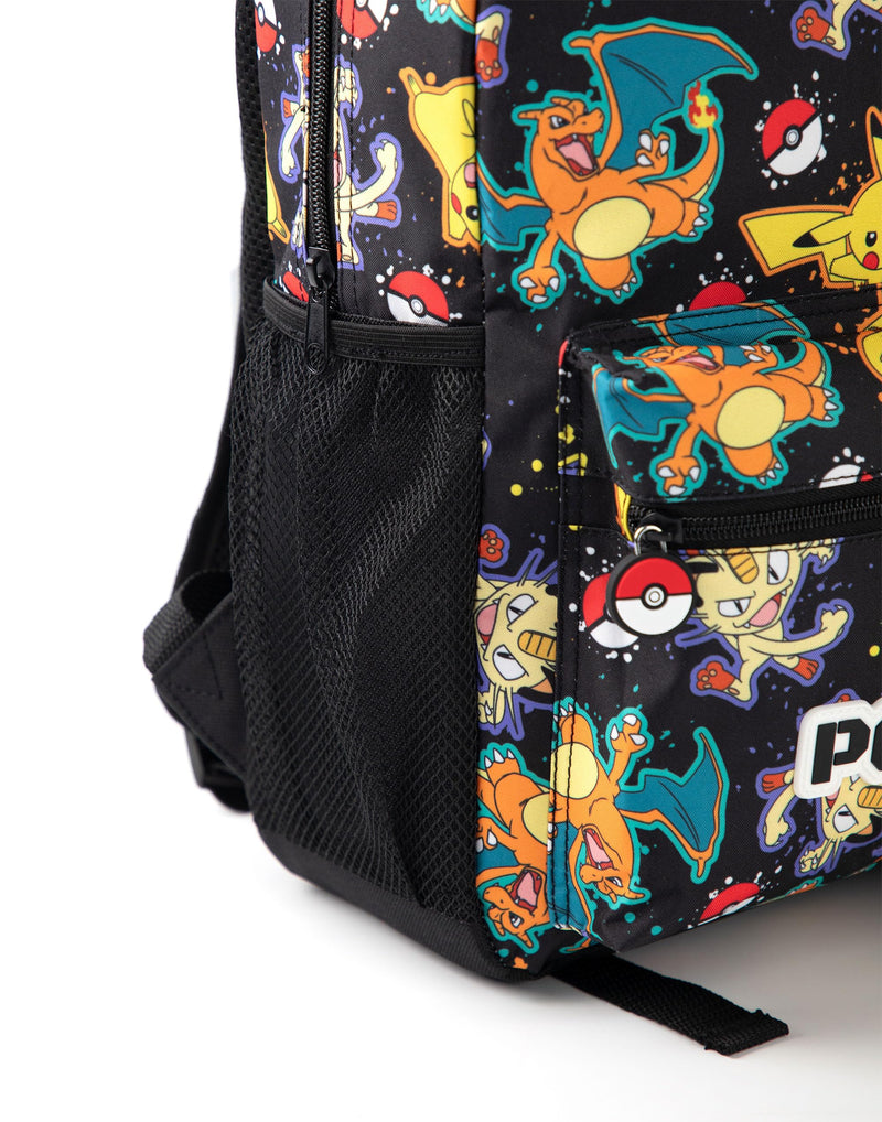 Pokémon Pikachu Charizard Gengar Meowth Backpack in Black | Kids Character All Over Print Bag | Adjustable Shoulder Straps