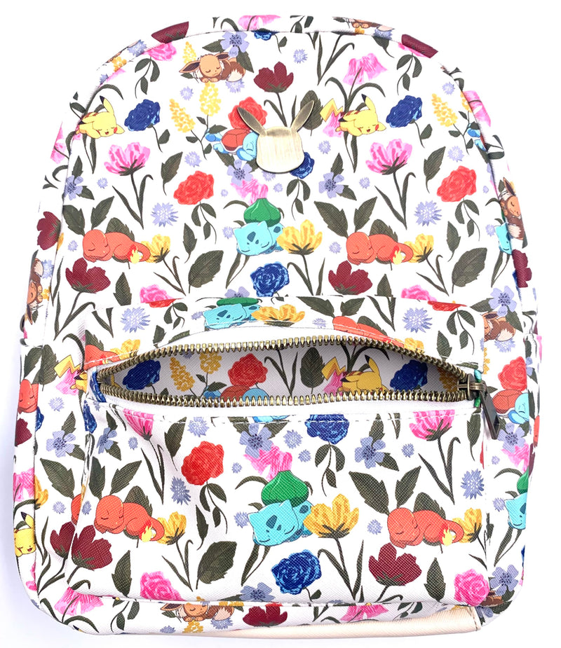 Bioworld Sleeping Pokemon Floral Print 11" Mini Backpack - Pikachu, Bulbasaur, Eevee, Charmander,