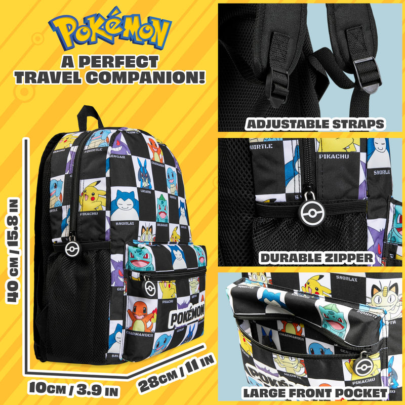 Pokemon Backpack for Kids Teens Pikachu Anime School Bag Daypack Backpacks for Daycare Sports School Supplies Gifts for Kids (Black/White)