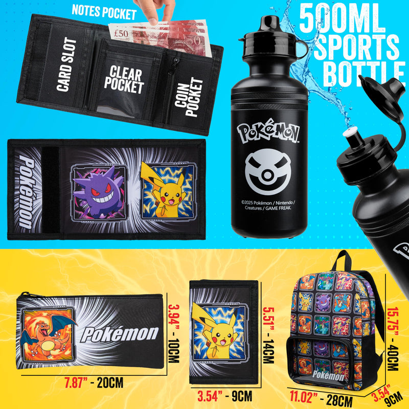 Pokemon Backpack Set 4 Pcs for Kids with Backpack Water Bottle Pencil Case Lunch Bag or Wallet Anime School Supplies Gifts (Multi 4 Pcs Set)