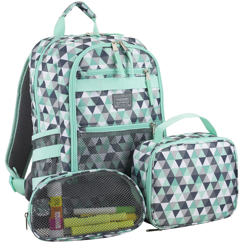 Eastsport Travel College Laptop Lunch Backpack Bookbag, Reusable Insulated Food Snack Cooler Lunchbox Set, for Work, Outdoor, Turquoise Diamonds Geometric Pastel Print