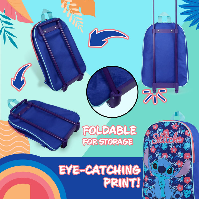 Disney Stitch Girls Suitcase, Foldable Trolley Bag 15.35” x 10.63” x 3.94”