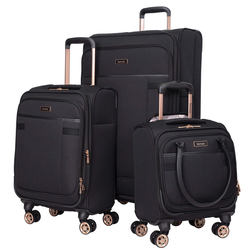 kensie Hudson Softside 3-Piece Spinner Luggage Set, Black with Rose Gold