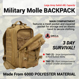 ORCA 40L Military Tactical Backpack for Men - 3 Days Out Rucksack Molle Bag for Camping & Hiking - Heavy Duty Survival Backpack Waterproof with Molle Attachments.