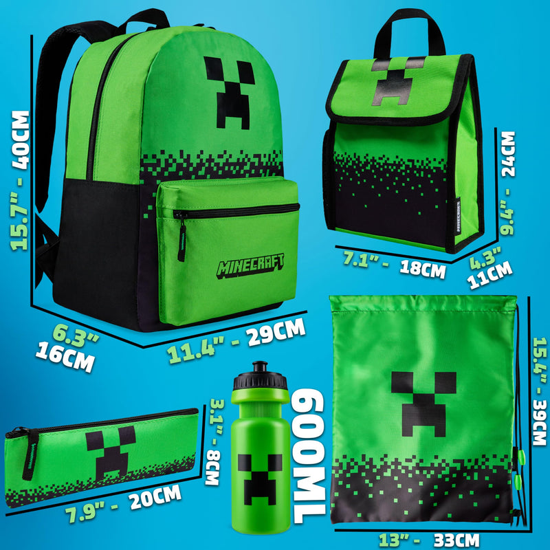 Minecraft Boys Backpack 5 Pc Gift Set with Creeper School Bookbag, Lunch Bag, Pencil Case, Water Bottle and Travel Daypack (Green)
