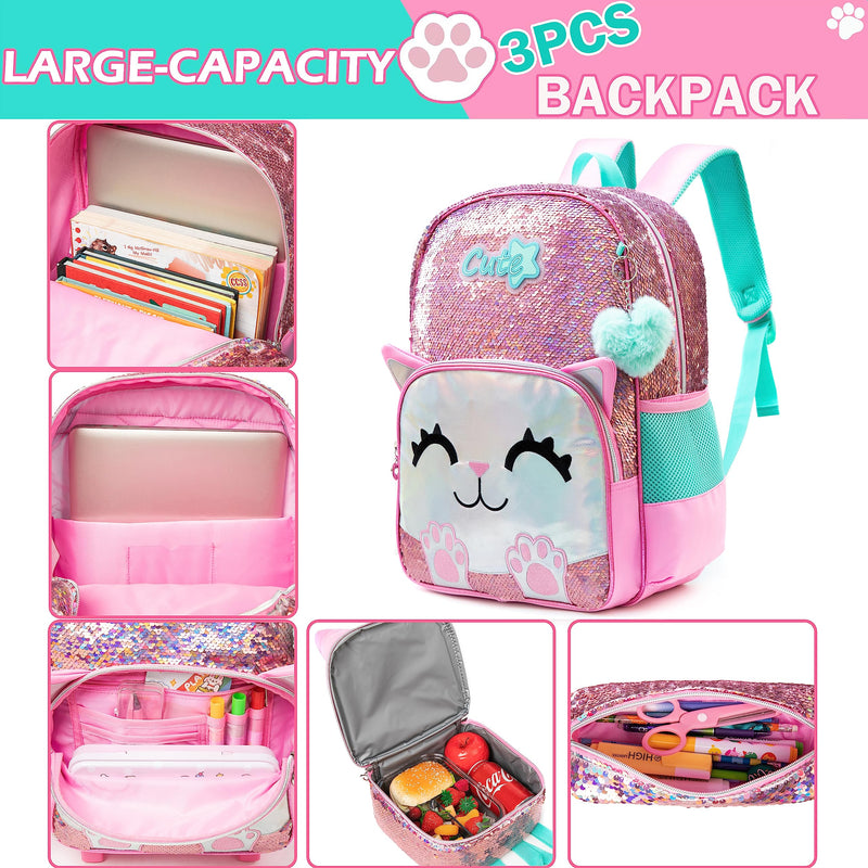 Meetbelify Cute Backpack for Girls Pink Cat School Backpacks Kids Sequin Bookbag for Elementary Kindergarten Students with Lunch Box Pencil Case for Girls 5-12 Years Old