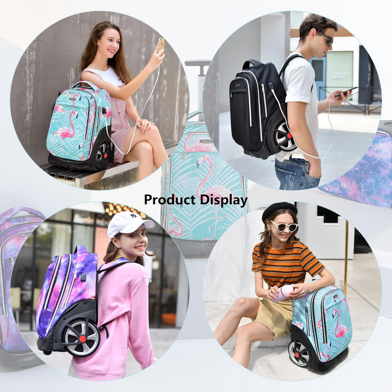 NEW TILAMI 19 inch Rolling Backpack Teens Rolling Backpack Cute Wheeled Laptop Backpack Bookbag Roller Travel Bag College, Navy Blue