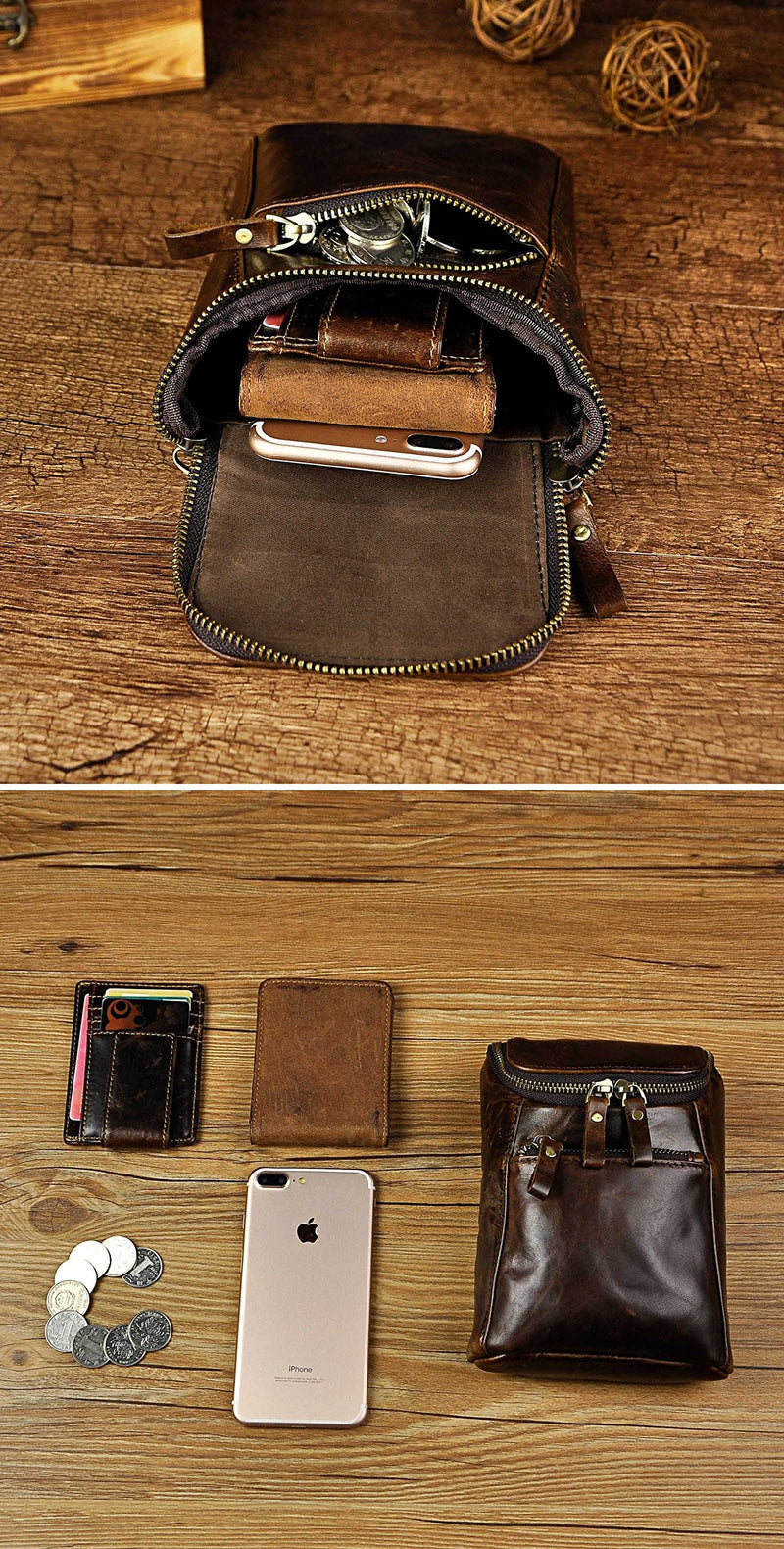 Le'aokuu Men Genuine Leather Small Messenger Bag Hook Waist Bag Belt Pack Bum Pouch 611-34 (A Coffee)