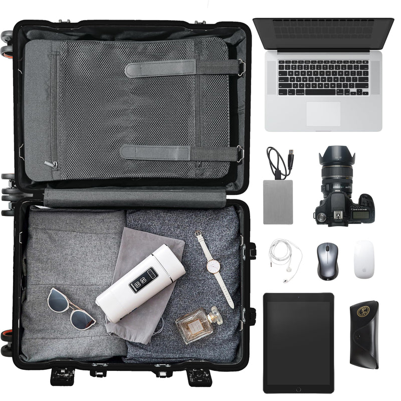All Aluminum Carry On Luggage 22x14x9 Airline Approved, Zipperless Carry On Suitcase Hard Shell Carry On Luggage with Spinner Wheels, Black 3-Piece with14in Hand Tote Suitcase,Eco-friendly tote bag