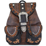 Western Style Tooled Buckle Studded Floral Women Country Backpack Bags Rucksack Daypack Biker Purse Matching Wallet Set (Coffee Set)