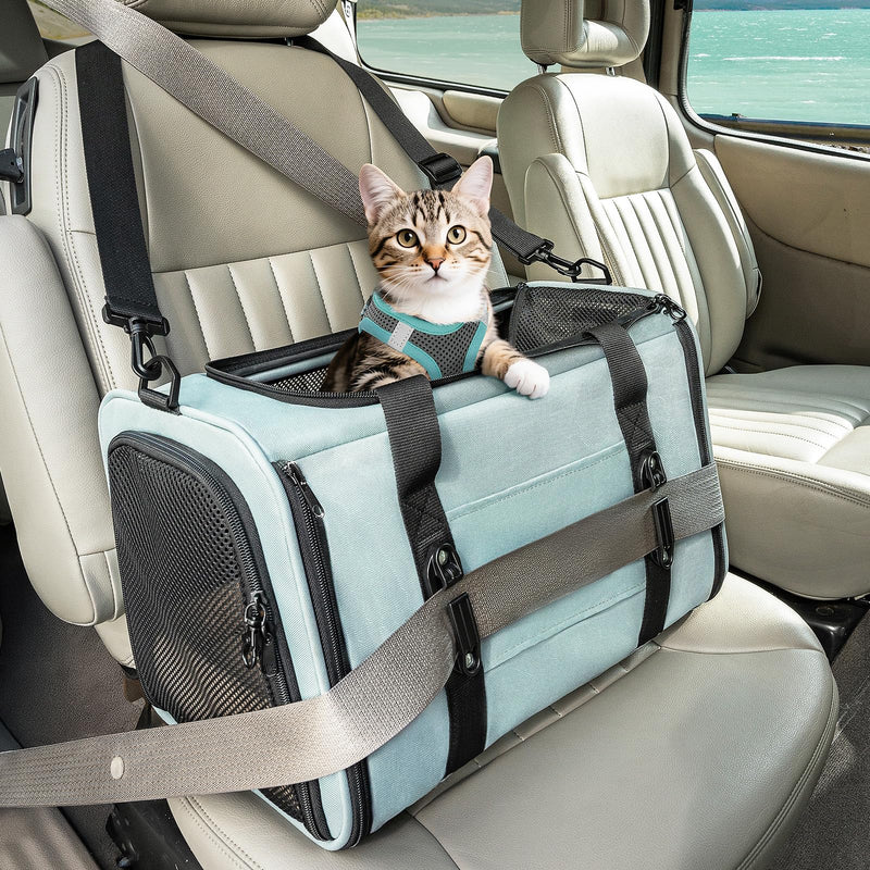 PETSFIT Soft-Sided Cat Carrier with Patented Safety Buckles, Lockable Zippers & Safety Tether,Escape-Resistant Travel Pet Carrier for Car Rides & Vet Visits, Airline Approved Under-Seat, Up to 12 lbs