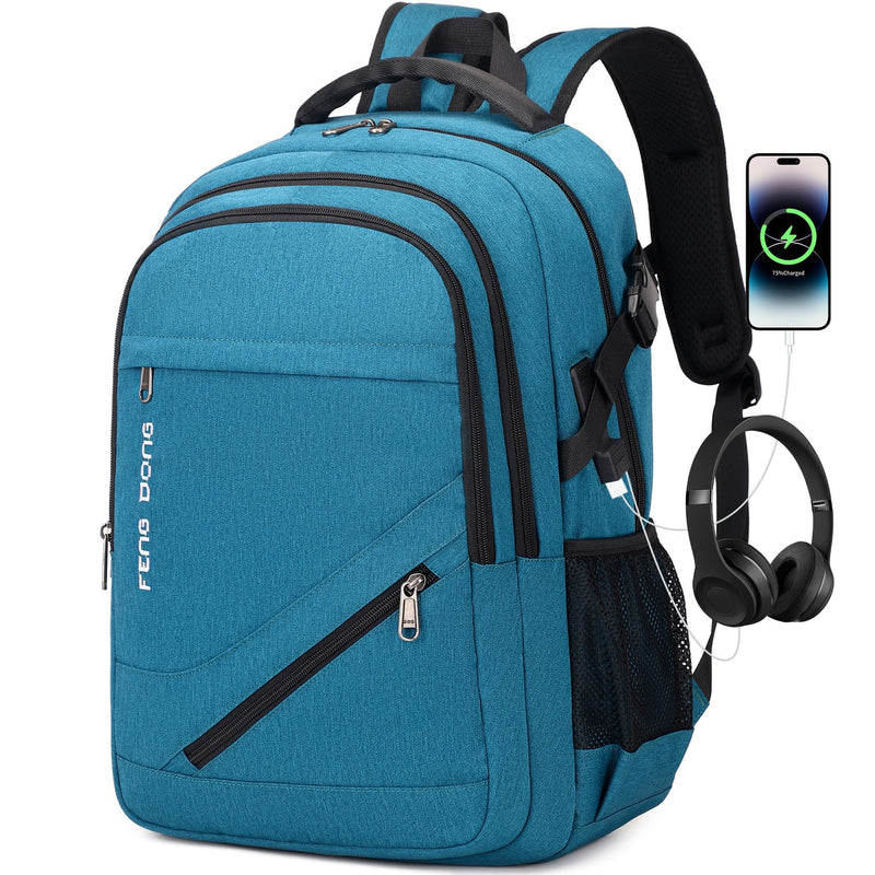 FENGDONG 17.3 inch Large Laptop Backpack Durable Waterproof Travel College Backpack Bookbag for Men & Women Business Backpack with USB Charging Port and Headset Port Light Teal
