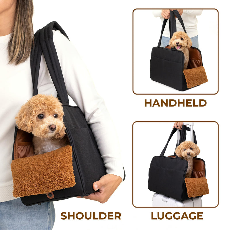 Black Dog Purse Carrier for Small Dogs – Cotton Padded Interior, Multiple Pockets, Breathable Mesh & Comfortable Strap, Durable Polyester Travel Bag, Lightweight Cat Carrier, Versatile Small Pet Bag