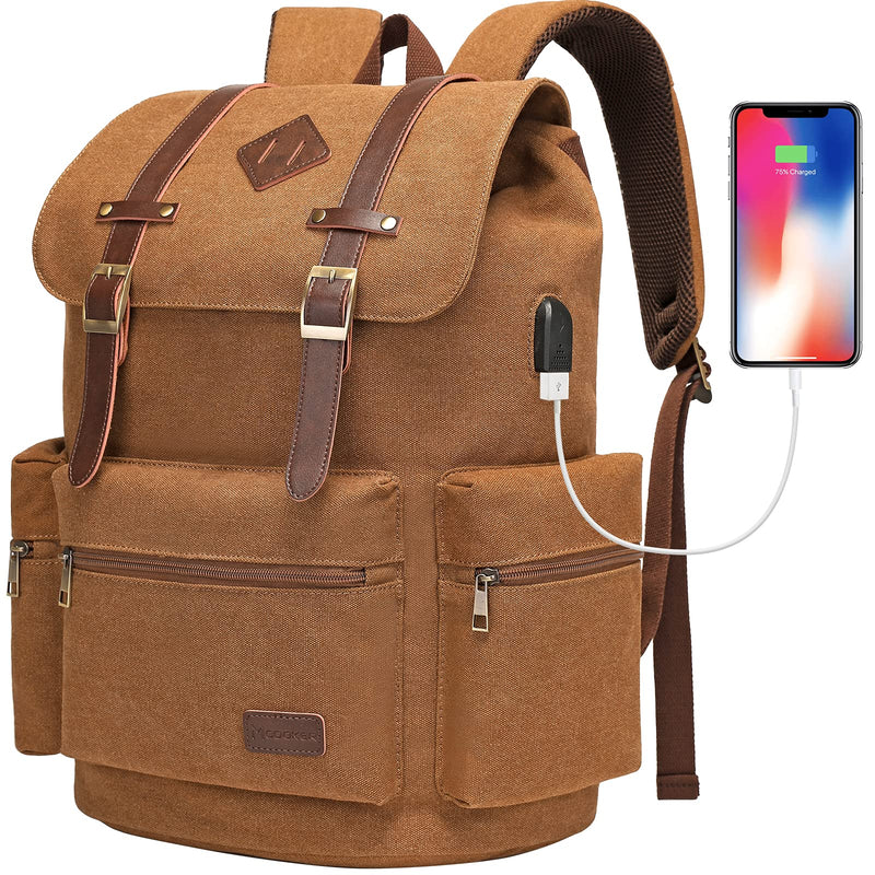 Modoker Mens Canvas Vintage Backpack for Men,Women, Travel Laptop Backpack Fits 17/15.6 Inch Computer & Tablet, Large Bookbag Rucksack Backpack with USB Charging Port, Brown