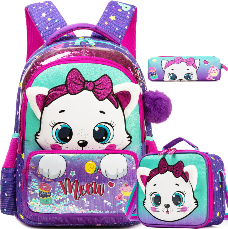 Meetbelify Kids School Backpacks for Girls Cute Cat Backpack with Lunch Bag for Elmentary Students Kids Travel Bookbag for Girls Age 6-12 Purple