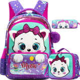 Meetbelify Kids School Backpacks for Girls Cute Cat Backpack with Lunch Bag for Elmentary Students Kids Travel Bookbag for Girls Age 6-12 Purple