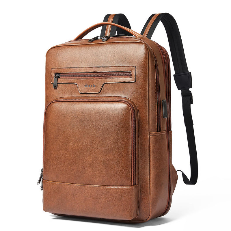 Shrrie Leather Laptop Backpack for Women and Men,28 L Travel Backpack Computer Bag Fits 16 inch Laptop,Expandable Casual Daypack with USB Port for Work Business Weekender College,Brown