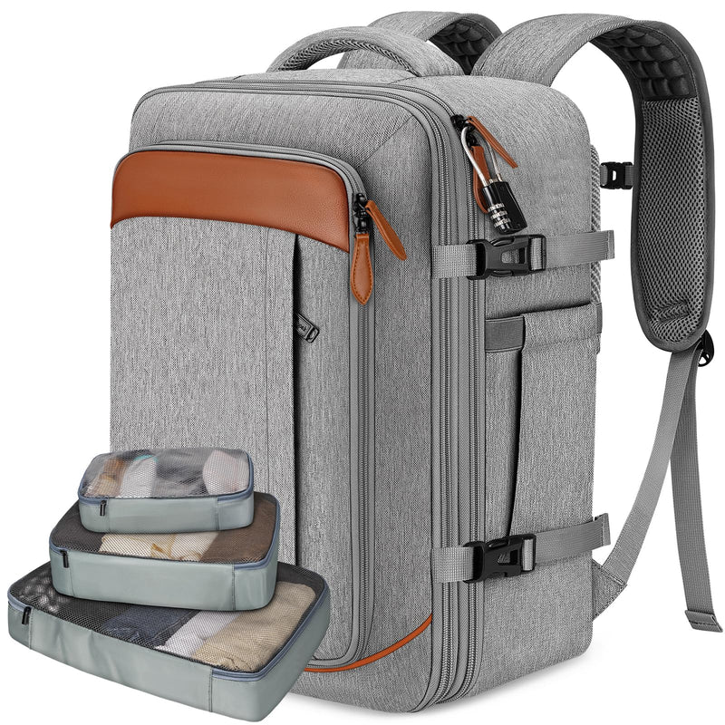 Vancropak Carry on Backpack, Flight Approved 18x14x8 Travel Backpack with 3 Packing Cubes, Expandable Large 40L Travel Bag fits 17.3" Laptop, Anti Theft Luggage Suitcase Weekend for Women Men, Grey
