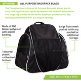 Champion Sports 600 Denier® Deluxe Top Loading All Purpose Backpack with Inner & Outer Pockets - Adjustable Straps & Carry Handle - 19"Lx18"Wx10"H - Black