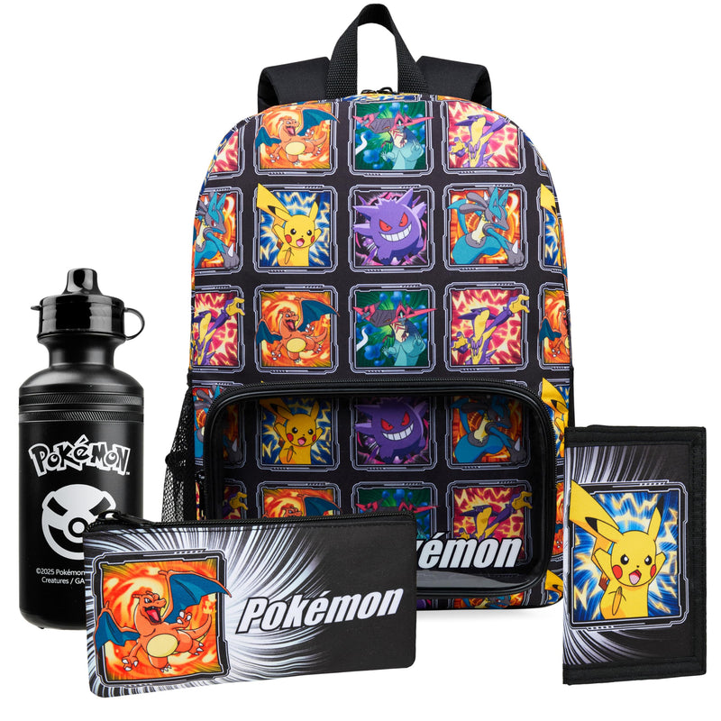 Pokemon Backpack Set 4 Pcs for Kids with Backpack Water Bottle Pencil Case Lunch Bag or Wallet Anime School Supplies Gifts (Multi 4 Pcs Set)