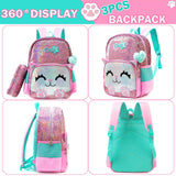 Meetbelify Cute Backpack for Girls Pink Cat School Backpacks Kids Sequin Bookbag for Elementary Kindergarten Students with Lunch Box Pencil Case for Girls 5-12 Years Old